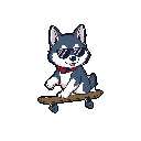 A cool husky shreds on a skateboard, sporting sunglasses and a bandana for a playful, energetic vibe. This pixel art dog exudes confidence as it cruises against a stark black backdrop.
