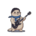 This pixel art features a cute otter rocking out on a V-shaped electric guitar. Wearing a beanie and bandana, this charismatic creature brings a playful, rebellious energy to the stark black background.