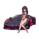 A stylish pixel art woman in a black and red swimsuit casually poses beside a sleek, dark sports car with bold red accents. The minimalist design and stark black background create a cool and alluring vibe.