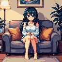 A pixel art image features a young woman with dark blue hair sitting serenely on a sofa, her bright blue eyes conveying a sense of innocence.