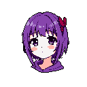 This pixel art portrait captures a sweet and slightly melancholic young girl with short purple hair and striking purple eyes. Her gentle expression and the vibrant details, like the red hair clip, add to her vulnerable charm against the stark black background.