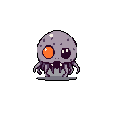 This pixel art features a skull-octopus hybrid with mismatched eyes, one bright orange and the other black, lending it an unsettling yet captivating charm. Its jagged teeth and tentacled form are rendered in muted grays, contrasting with the focal point of its vibrant orange eye.