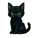This pixel art depicts an adorable black cat seated against a stark background, its large, luminous green eyes radiating gentle curiosity. The minimalist style and focus on detail create a cute, peaceful, and slightly mysterious vibe.