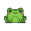 This pixel art features an adorable, wide-eyed frog sitting serenely with a sweet, blushing smile. The simple design and soft green palette create a cute and peaceful vibe.