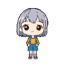 This pixel art shows a charming chibi girl with wide, dark eyes and a gentle expression, standing demurely in overalls. Her soft color palette and simple design evoke a feeling of quiet innocence.