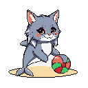 A charming pixel art creature, a cat-dolphin hybrid, sweetly rests its paws on a colorful ball. Standing on sandy ground, the endearing character boasts a playful and innocent demeanor.