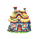 This pixel art features a charming, vibrant cottage with a thatched roof, red-framed windows, and colorful flowers at its base, all brought to life with a warm palette of yellows, blues, and greens. The detailed textures and bright colors create a nostalgic and peaceful fairytale scene.