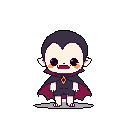 This pixel art features a cute, chibi vampire character with a cheerful smile and a gothic-meets-adorable color scheme. The little vampire, with its red-lined cape and golden brooch, exudes a playful innocence.