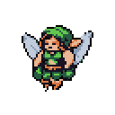 A peaceful, pixelated fairy or sprite floats serenely with closed eyes and large wings, rendered in earthy greens and light blue-grey. The image evokes a sense of gentle stillness with its tranquil pose.