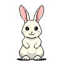This adorable pixel art features a small, white rabbit sitting upright with a gentle smile. The simple design and soft color palette emphasize its cuteness and charm against a solid black background.