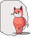 A cute, pixelated fox-like creature stands on a simple platform, its minimalist design evoking a nostalgic, early video game aesthetic. With its vacant expression and earthy color palette, the small, anthropomorphic figure exudes a gentle charm.