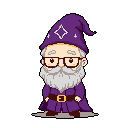 This pixel art features a cute, chibi-style wizard with a tall hat and bushy beard, rendered in a muted purple and beige palette. The whimsical character, complete with glasses and sparkling hat details, evokes a sense of fantasy and magic.