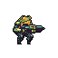 A frog pilots a bipedal, weaponized walker in this quirky pixel art sprite. The muted color palette and industrial design give the machine a unique, earthy feel.