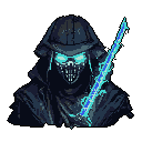A menacing, hooded figure with glowing blue eyes and a skeletal mask brandishes an electric energy blade. This pixel art warrior exudes a dark, futuristic fantasy vibe with its striking contrast of deep blues and vibrant energy.