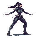 A pixel art ninja, masked and ready for action, brandishes shurikens in a dynamic pose. The dark color palette and retro style evoke classic side-scrolling games.