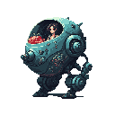 A person pilots a blue-gray, steampunk-inspired walking vehicle, a quirky prototype adorned with rivets and gears. The pilot, visible through a clear dome, seems content inside their mechanical contraption.