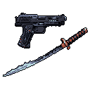 This pixel art showcases a tactical pistol and a katana with a glowing blade edge, presented as detailed weapon assets. The contrast between the modern firearm and the stylized, traditional sword creates a striking visual pairing.