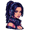 A stylish pixel art bust portrays a woman with elaborate headphones and futuristic gear, her intense gaze hinting at a strong, tech-savvy personality. The cool indigo and magenta color palette creates a cyberpunk vibe against the void, emphasizing her detailed features.