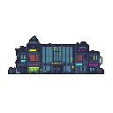 This pixel art showcases a vibrant, neon-lit urban street at night, featuring diverse buildings with glowing windows and signs. The scene evokes a nostalgic, retro-futuristic feel, capturing the bustling atmosphere of city nightlife in a small segment.