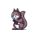 A pixelated brown squirrel, possibly equipped with futuristic headgear, stands in profile, holding an undefined object and creating a sense of focused activity. Its bushy tail and neutral expression add to the image's thoughtful and industrious mood.