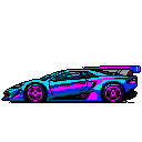 A vibrant, pixel art sports car bursts forth in electric blue and hot pink, showcasing a retro-futuristic aesthetic reminiscent of 80s digital art. The sleek, high-performance vehicle is rendered in bold, abstract swathes of color against a stark black background.