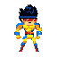 A pixel art superhero with dark blue hair and a blue and yellow suit stands ready, radiating retro gaming vibes and confident power. His red visor and orange highlights add a vibrant pop to his form-fitting costume.