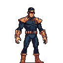 A pixelated superhero stands ready in a dark suit accented with gold, his identity concealed behind a red visor. The classic design evokes a sense of retro comic book action.