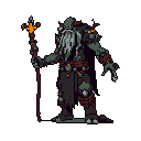 An imposing, Cthulhu-esque orc or troll-like monster dominates the frame, wielding a glowing, four-pronged staff. The creature's detailed pixel art and dark color palette evoke a sense of ancient power and impending threat.