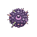 Behold a grotesque, cyclopean orb: a dark purple, multi-eyed creature with a striking magenta eye that dominates its unsettling form. Spikes of sickly green and pale orange-yellow jut from its bumpy surface, giving it a menacing presence in the void.