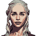 This pixel art headshot depicts a Daenerys Targaryen-esque woman with striking blonde hair and a contemplative gaze. The limited color palette and detailed rendering create a retro yet elegant portrait, focusing solely on her serene expression.