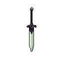 A solitary, enchanted sword dominates the frame, its hilt a dark contrast to the luminous, mint-green and ice-blue blade. The sword's design evokes mystery and power, with a single green gem hinting at its magical properties.