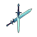 Two ornate, glowing swords clash in this pixel art image: a radiant cyan blade takes center stage, crossed by a longer, darker blue counterpart, creating a dynamic display of power and mystique.