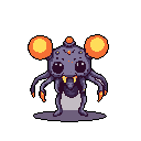 A strange, fantastical creature with glowing orange accents and oversized eyes stares wide-eyed from the darkness. This pixelated being features tentacle-like appendages, jagged teeth, and stands on digitigrade legs, blending cute and uncanny elements.