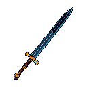 This pixel art showcases an ornate longsword with a golden-brown hilt and a striking, enchanted blue blade that shimmers with light. The detailed design and contrasting colors evoke a sense of fantasy, power, and mystery.