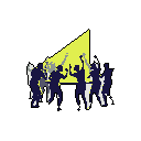 This pixel art captures the energy of a party with silhouetted figures dancing under a vibrant yellow spotlight. The stark contrast and dynamic poses evoke a sense of excitement and revelry.
