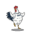 This vibrant pixel art features a stylized rooster in a lively, dancing pose, sporting a "USC" shirt. The energetic design uses a bold color palette to highlight the rooster's unique character and humorous expression.