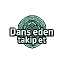 Pixel art showcases the phrase "Dans eden takip et" in a retro font, overlaying a complex, maze-like emblem rendered in muted teal and green. The design evokes a cryptic, nostalgic feel with its contrasting colors and archaic symbolism.
