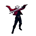 A dynamic pixel art hero with flowing red cape strikes a powerful pose, sword raised against a stark black void. The high-contrast design emphasizes the character's heroic or anti-heroic presence and sense of action.