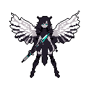 This pixel art features a stylized, powerful figure with glowing cyan eyes and wings, wielding a staff against a stark black background. The angelic/demonic aesthetic and cool color palette create an enigmatic and watchful presence.