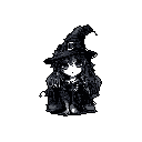 A shy, pixelated witch with wide eyes sits against a stark black backdrop, her simple design and monochromatic palette creating a cute yet melancholic atmosphere.