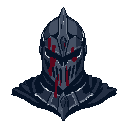 This pixel art portrait captures a formidable, heavily armored knight against a stark background. The dark, imposing figure features blood-splattered armor, hinting at recent battles and adding a grim edge to the retro aesthetic.