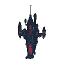 This pixel art showcases a formidable Gothic castle, its dark silhouette punctuated by ominous, glowing red windows. The stark contrast against the black background amplifies the fortress's imposing presence and mysterious aura.