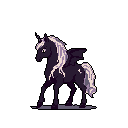 This pixel art depicts a solitary, dark purple alicorn with a luminous mane and tail, poised against a black background. The creature's elegant stance and muted color palette evoke a sense of quiet fantasy and subtle mystique.