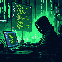 A hooded hacker, face obscured, furiously codes in a dimly lit room bathed in the eerie green glow of scrolling matrix code. This pixel art image captures a moment of intense focus and clandestine activity in the digital underworld.