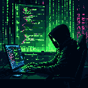A hooded figure, face hidden in shadow, intensely focuses on a laptop amidst a vibrant cascade of digital code. The pixel art evokes a sense of mystery and clandestine activity, hinting at a hacker immersed in a high-tech, cyberpunk world.