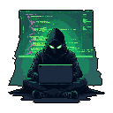 A mysterious, hooded hacker intensely focuses on their laptop, their glowing green eyes piercing through the shadows. Bathed in the light of cascading code, the figure embodies the intensity and anonymity of digital immersion.