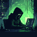 A lone hacker, hidden in shadow with glowing eyes, intensely focuses on a laptop screen amidst a dense, abstract digital world. The pixel art evokes a cyberpunk atmosphere of mystery and immersion.