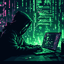 A hooded figure, face obscured in shadow, is intensely focused on a laptop, their glowing screen a stark contrast to their dark attire. The scene evokes mystery and clandestine digital activity.