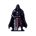 An imposing, heavily armored knight stands ready, a single white pixel piercing the darkness from beneath a hooded helmet. This pixel art warrior, clad in dark metal and bearing a gleaming greatsword, exudes an ominous and powerful presence.