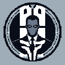 A mysterious, masked agent with glowing white eyes stares forward in this striking pixel art portrait. Framed by a dark emblem and adorned with cryptic symbols, the monochromatic design evokes a sense of power and enigmatic purpose.
